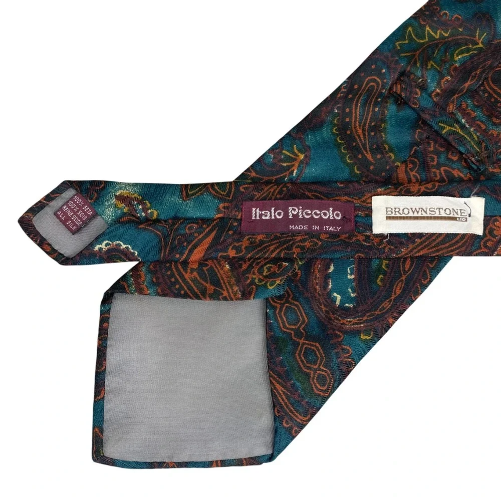 VTG Italo Piccolo Tie Mens Paisley Silk Teal Orange‎ Brownstone Ltd Artsy 58x4